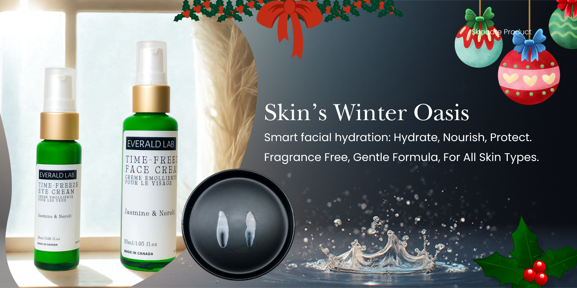 Cosmetic bottles with a festive background featuring Christmas decorations.