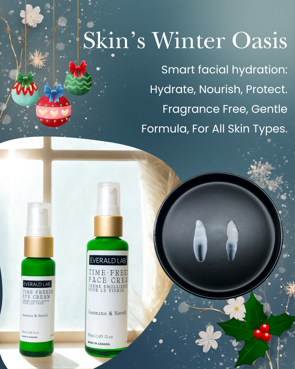 Everald Lab skincare products with a festive background featuring Christmas decorations.