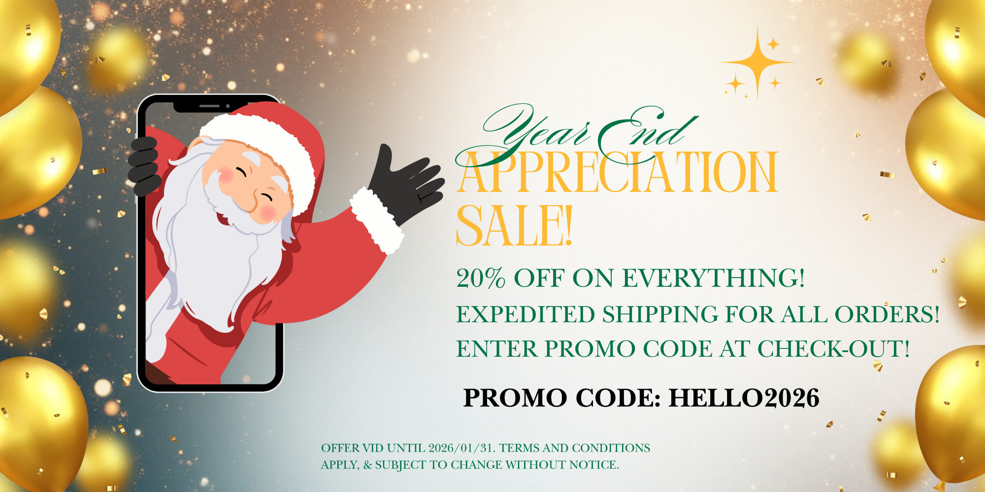 Promotional banner for Year End Appreciation Sale with Santa Claus on a phone screen and gold balloons.