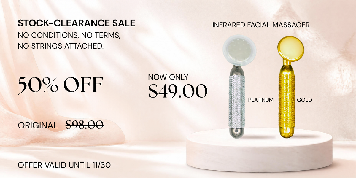 Promotional graphic for an infrared facial massager showing two handheld devices on a pedestal: one silver labeled PLATINUM and one gold labeled GOLD. Large sale text reads 50% OFF, NOW ONLY $49.