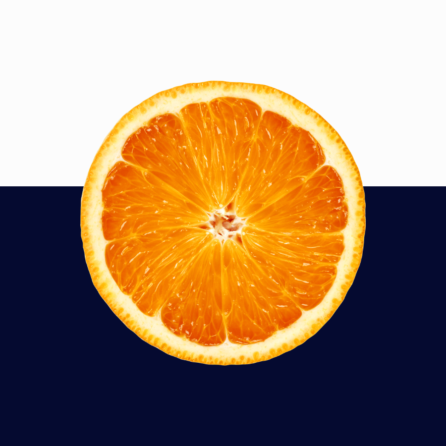 A fresh orange slice centered on a split white and dark navy background.