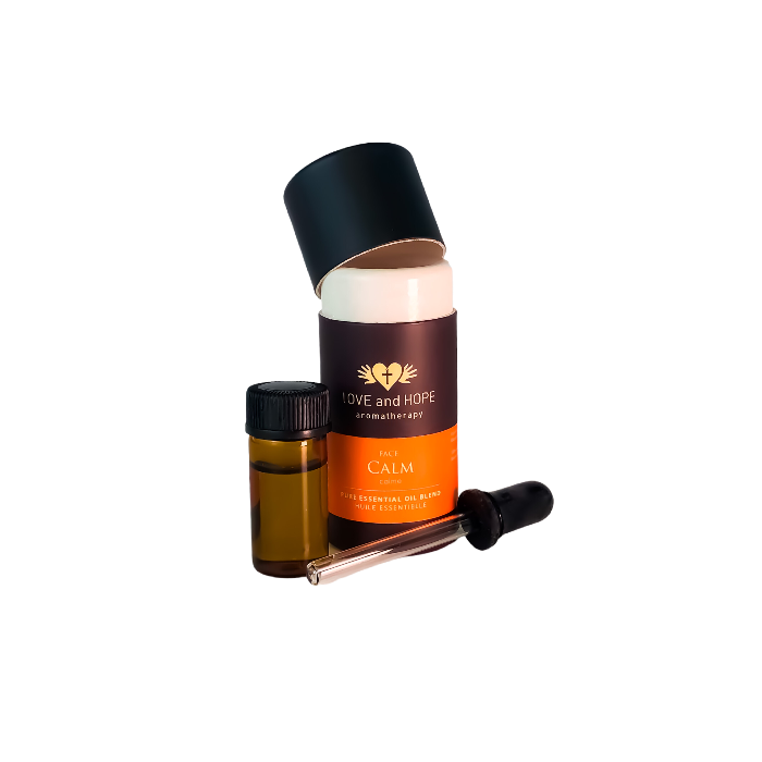 Calm Blend Essential Oil packaging and content.