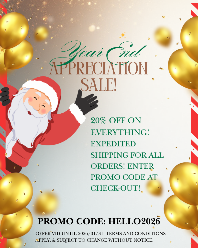 Promotional flyer for a year-end appreciation sale with Santa Claus and gold balloons.