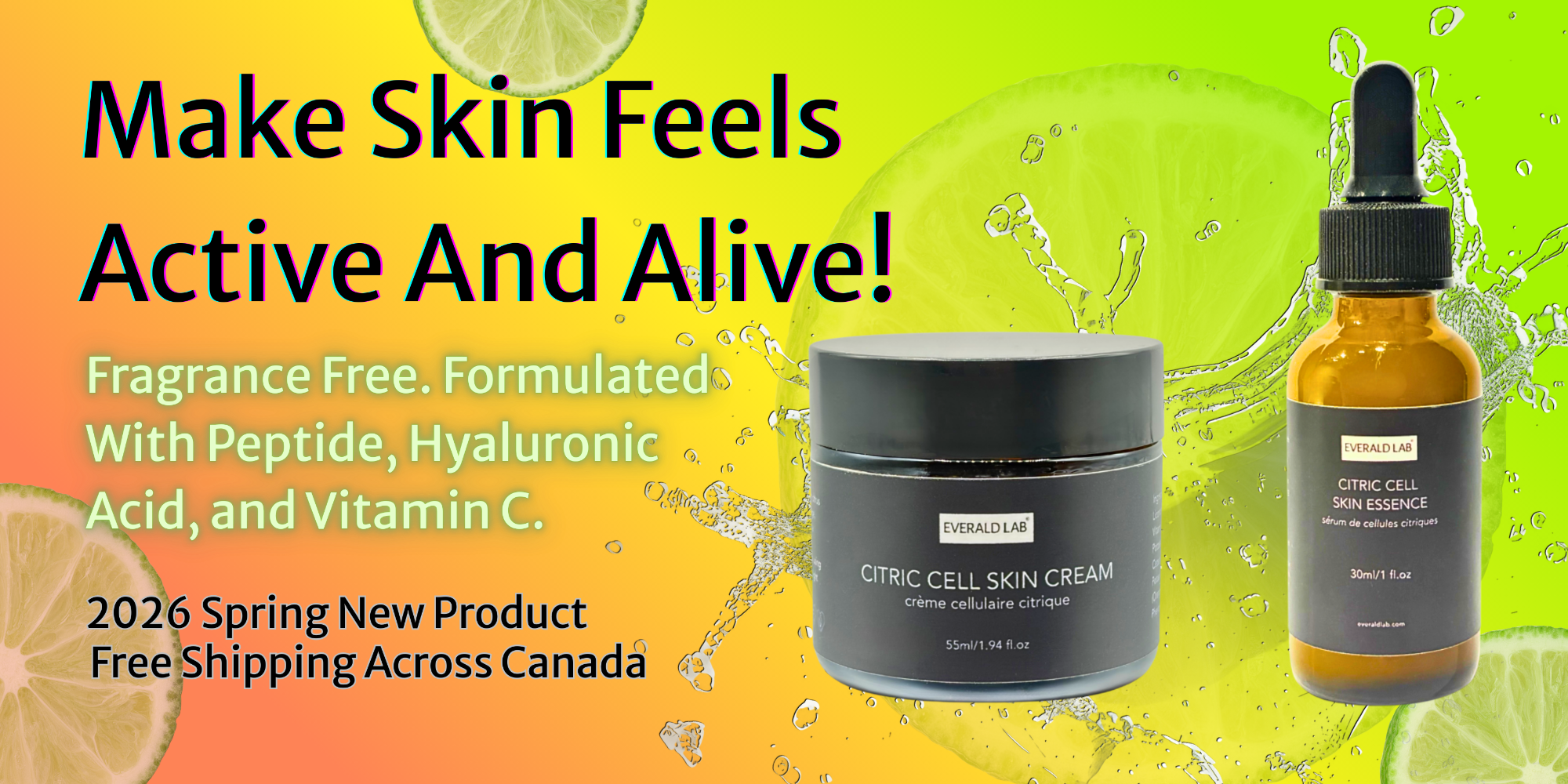 Cosmetic products with text promoting skin care benefits and features on a colorful background.