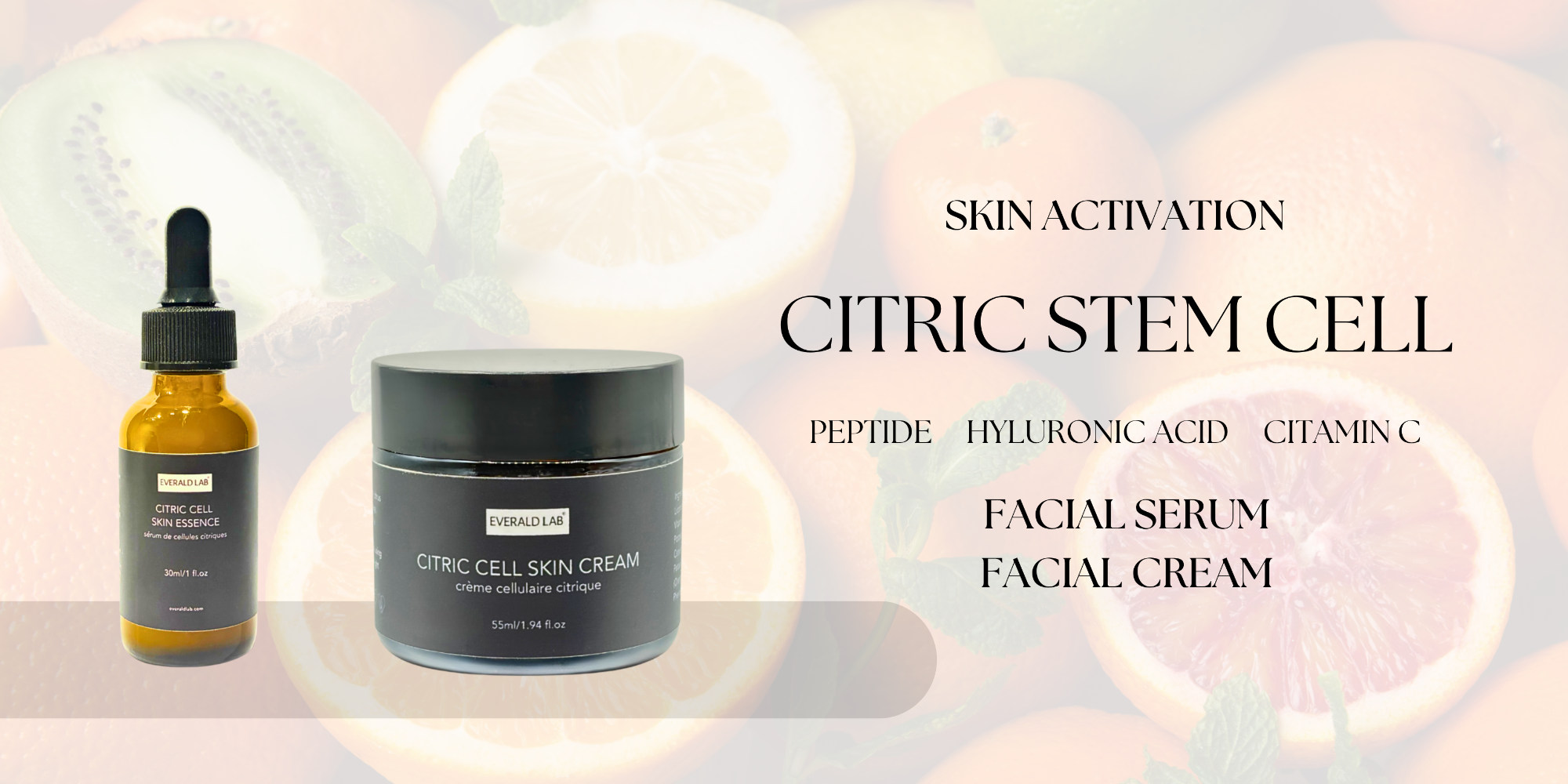 Skincare products with 'Citric Stem Cell' text on a blurred background