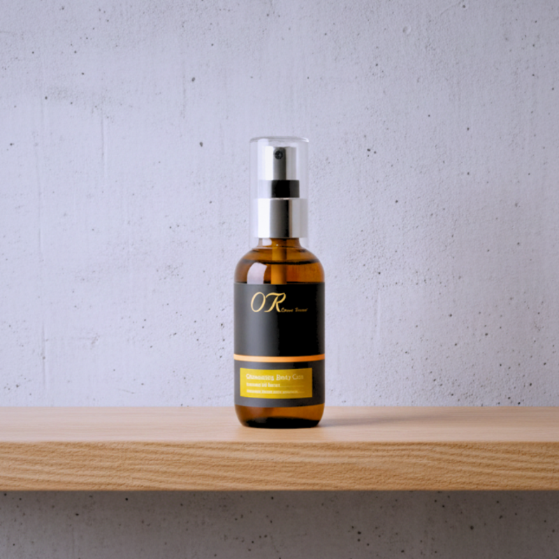 An amber glass spray bottle with a black and gold label reading 'OR Better' and 'Squamous Cell Carcinoma Cream', standing on a light wood shelf against a textured light gray wall.