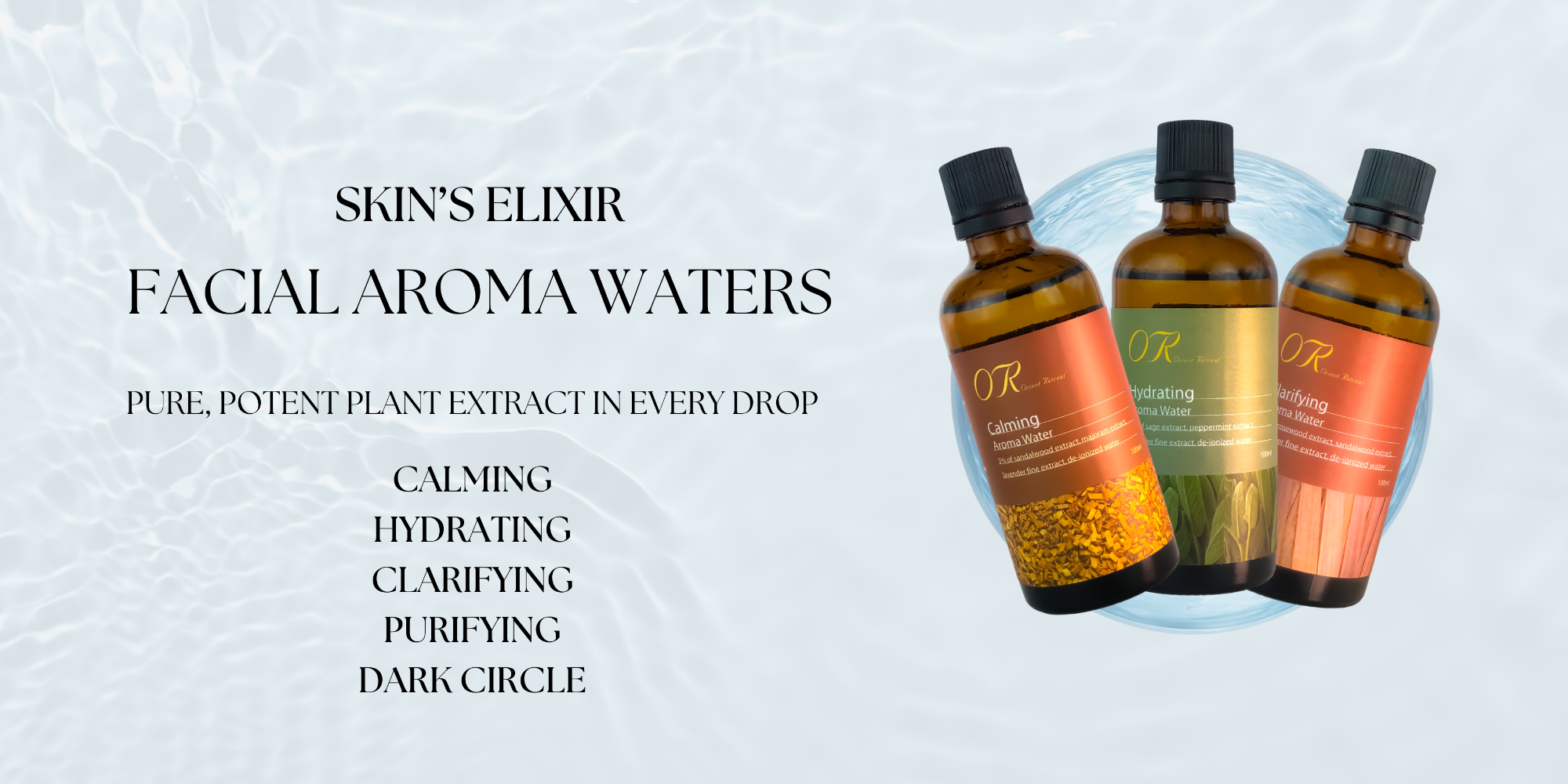 Three bottles of facial aroma waters with text on a light blue background