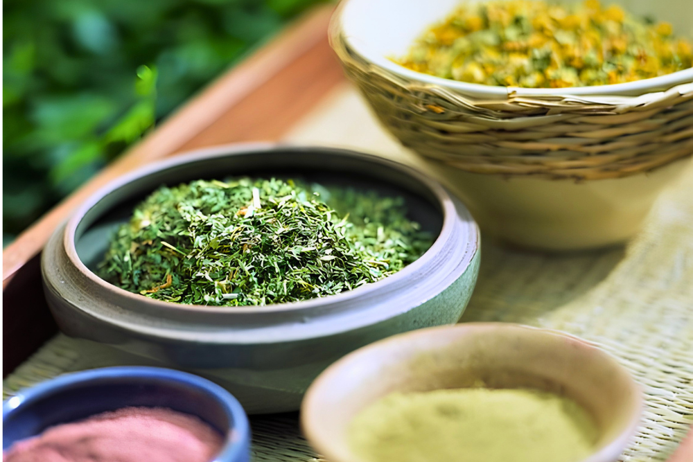 Four small bowls containing loose herbal teas or spices arranged on a woven mat inside a wooden tray, with a blurred green outdoor background.