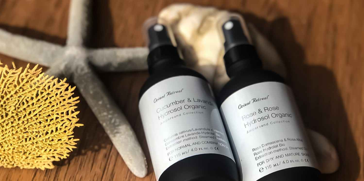 Organic rose, cucumber, and lavander hydrosol for skin hydration and repair.