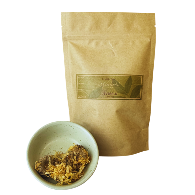 Organic marigold, calendula tea in bag and loose flowers. 