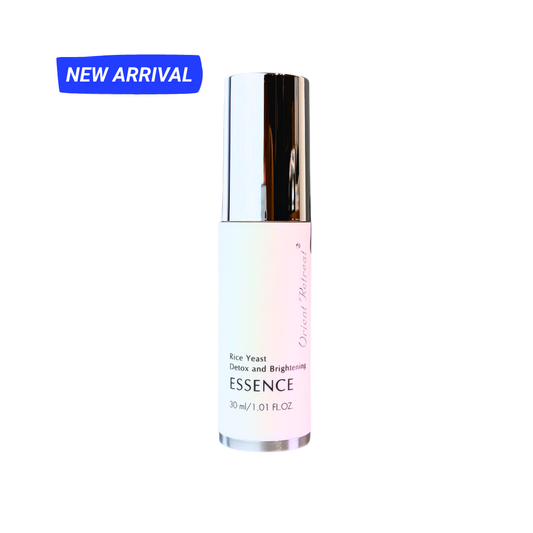 A 30 ml bottle of Opotai Botanical Essence Rice Yeast Detox and Brightening serum, featuring a white iridescent label and a reflective silver cap, shown on a white background with a blue 'NEW ARRIVAL' banner in the top left.
