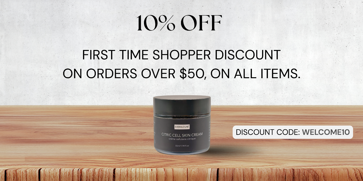 A cosmetic jar labeled 'CROP DIAL SKIN CREAM' sits on a wooden surface against a light textured wall, with promotional text reading '10% OFF FIRST TIME SHOPPER DISCOUNT ON ORDERS OVER $50, ON ALL ITEMS.' and a discount code badge.